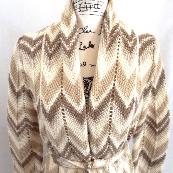 Vintage Lucky Brand Chevron Wool Alpaca Blend Belted Pointelle Cardigan Size XL - Picture 3 of 9